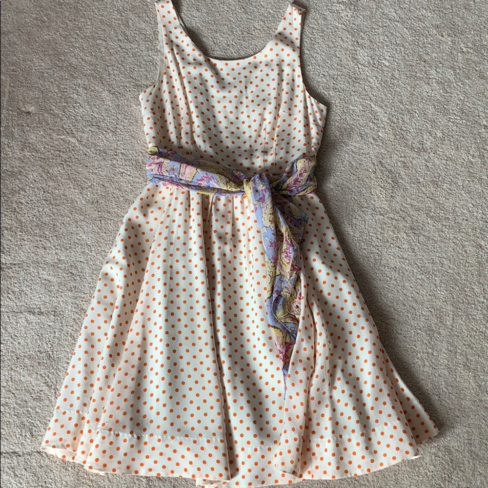 Orange Polkadot Silk Dress with Floral Tie - Sz 2